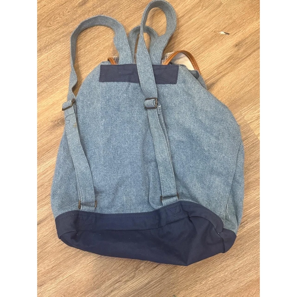 Mochila vaquera vintage Winnie The Pooh azul claro a cuadros con cordón detalles Foto 3 de 4