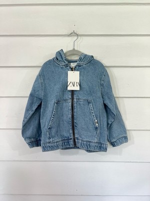 New ZARA Boy Girl Kids Blue Denim hoodie Zipper Pockets Jacket 4 5