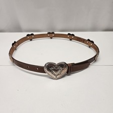 Vtg Justin Brown Western Tooled Leather Belt Heart Buckle 30" Small Cowgirl USA