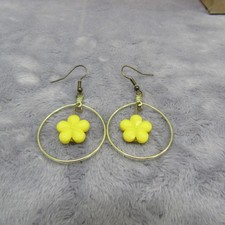Yellow Flower Bead Dangle Hoop Earrings Gold Tone Charm Jewelry