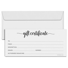 Simple White Blank Gift Certificates with Envelopes Pack of 24 4x9 Inches f...