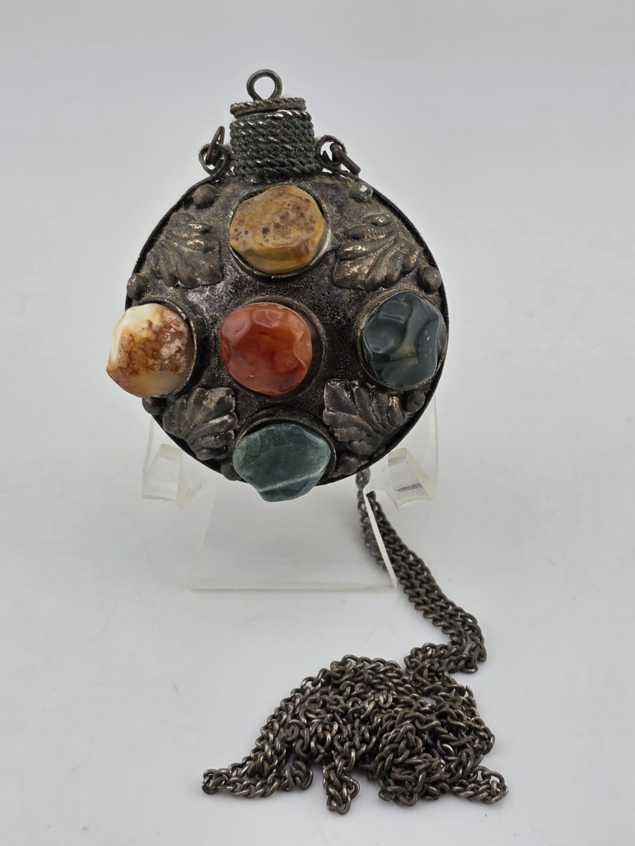 Antique 1900 Imperial Russian Brass & Stone Perfume Bottle Vial Pendant Necklace View 2