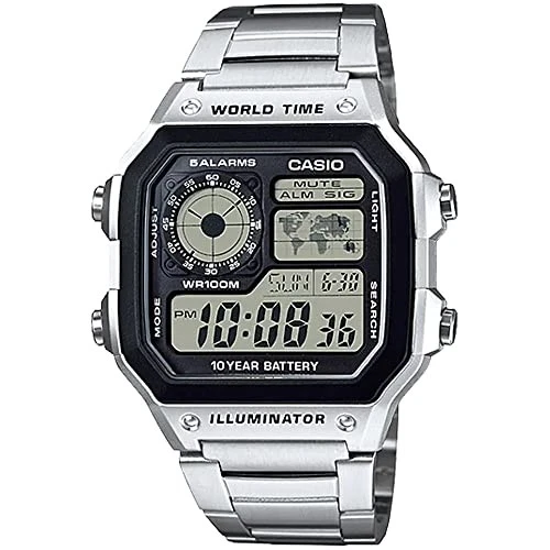 Casio AE-1200WHD-1AV Hombre Digital Hora Mundial Reloj Plata Metal Banda Nuevo