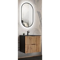 Waschplatz Set Waschtisch Keramik Waschbecken Led Spiegel Badezimmer Eiche 60 Cm