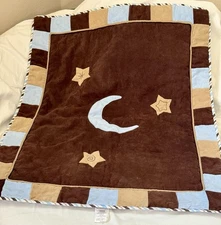 GEENNY Baby Blanket Brown Blue Moon & Stars Appliqué 36x45 Nursery Soft Plush