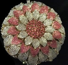 New Gold Rose Crystal  Rhinestone Floral HardShell Clutch Bag-6 1/2 w x 6 1/2H