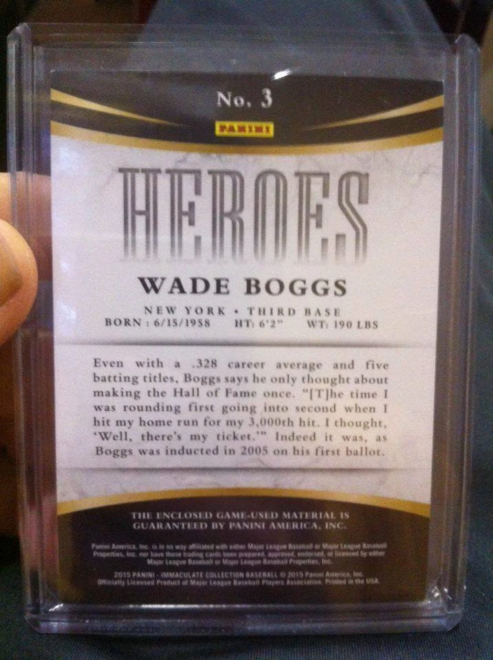 WADE BOGGS 2015 IMMACULATE "HEROES" YANKEES HOFER GU JERSEY PATCH RELIC /99!!!!! - Image 2 of 2