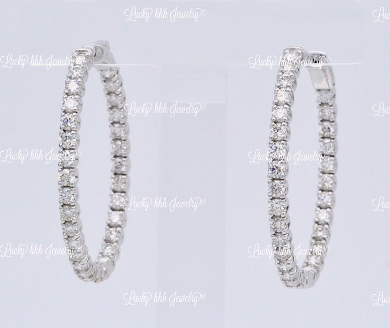 14k Solid White Gold Natural Diamond Oval hoop earring snap closure 6.50 ct