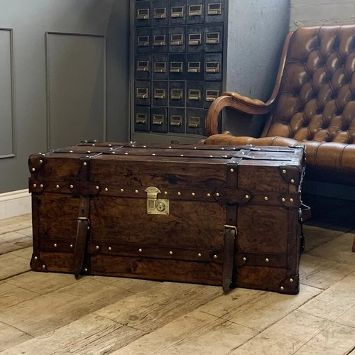 English Leather Coffee Table Trunk with Stylish Belted Design F Christmas Decor