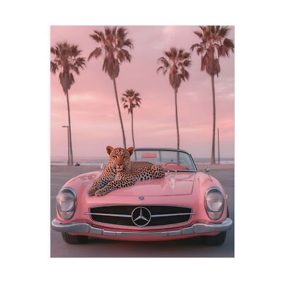 Poster Vintage Léopard Sur Voiture Rose   Impression Artistique Haute Qualité