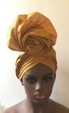 Aso-Oke African Headtie Auto Gele, Yellow Isioma Women headwear Ready Made Gele