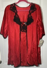 VTG Private Treasure AVON Night Gown Robe Red Black Silky Lace Lingerie Size M