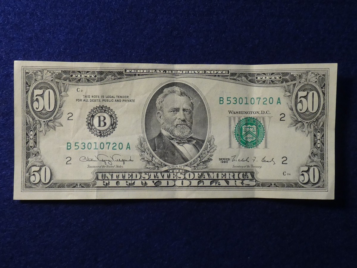1990 (B) $50 Fifty Dollar Bill Federal Reserve Note New York