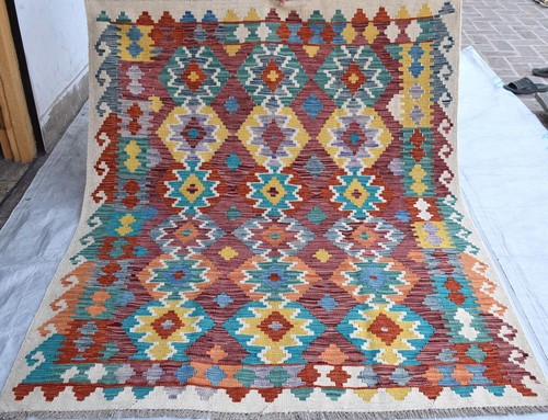 Maroon Handwoven Afghan Khotrang Wool Area Rug 5x7 Geometric Turkish Kitchen Rug