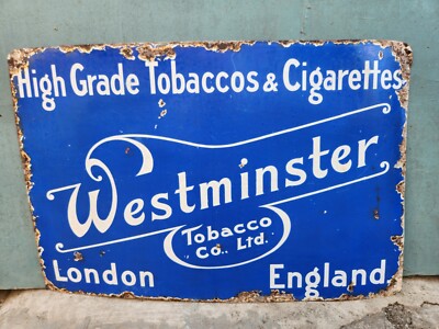 VINTAGE OLD PORCELAIN ENAMEL SIGN WESTMINSTER TOBBACO CIGARETTE CIGAR CO  LONDON