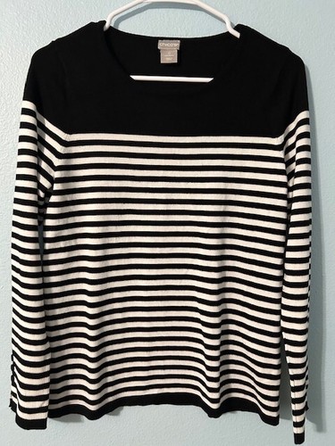CHICO’S Black White Stripe wide Neck Long Sleeve Pullover Detail Sz 0 Small - 第 1/8 張圖片