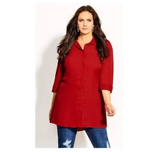 City Chic Womens Plus XS 14 Lust Red Button Down Collared Tunic Top NWT CT20