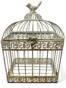 Vintage Ornate Birdcage Distressed White Metal Greek Key Décor with Bird Top