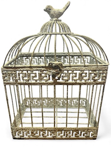 Vintage Ornate Birdcage Distressed White Metal Greek Key Décor with Bird Top