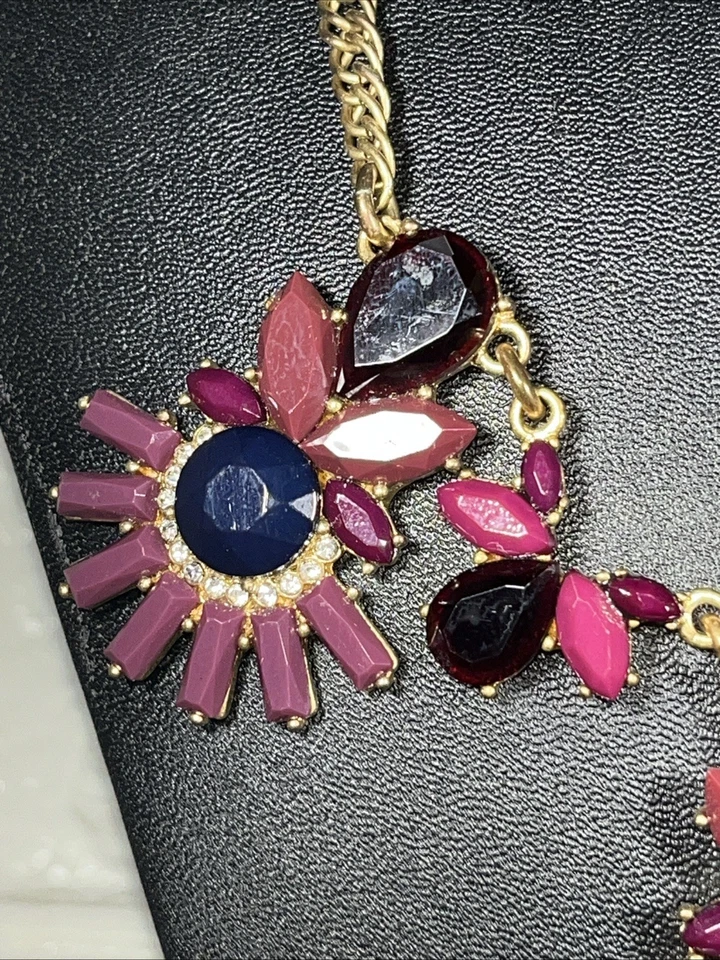 J. Crew Statement Bib Pink,mauve,blue Rhinestone Goldtone Necklace 15-17 1/2” - Image 4 of 4