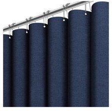 Navy Blue Linen Textured Waterproof Fabric Shower Curtain Set, 72x72 230GSM Poly