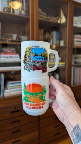 Pair of Vintage Anchor Hocking Milk Glass Souvenir Mugs Tahquamenon Falls MI