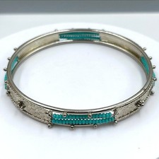 Vintage Silver Tone Bangle Bracelet Turquoise Blue Seed Bead Inlay Textured Boho