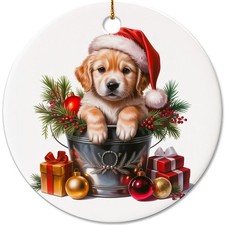 Cute Golden Retriever in Bucket Ornament, Dog with Santa Hat Ceramic Christmas