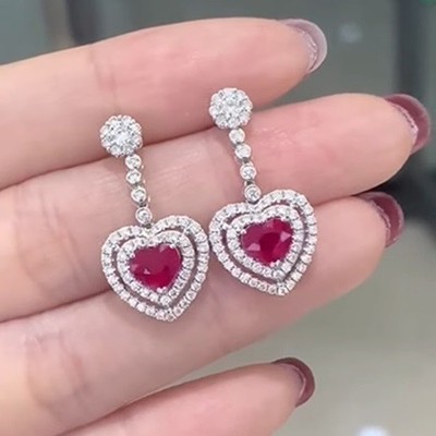 2Ct Heart Cut Simulated Pink Ruby Women's Drop Earrings In 14k White Gold Plated