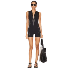 New Gigi C Kina Laser Cutout Zip Front Romper M Black