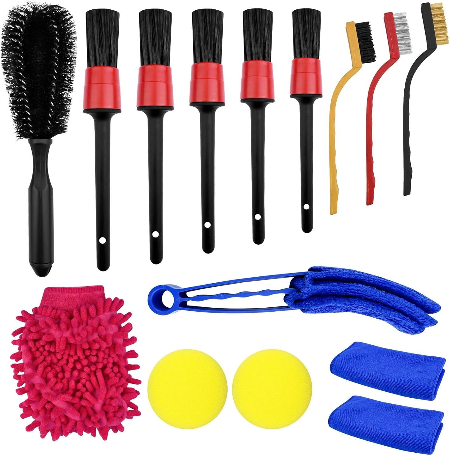 15 Pezzi Kit Pulizia Auto Moto, Guanto Lavaggio Auto, Spazzola Cerchi, Pennelli