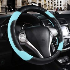 Leather Car Steering Wheel Cover Non-Slip Car Wheel Cover Protector Light Blue