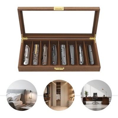 Walnut Knife Storage Box With Lock & Clear Glass Lid, 8 Compartments