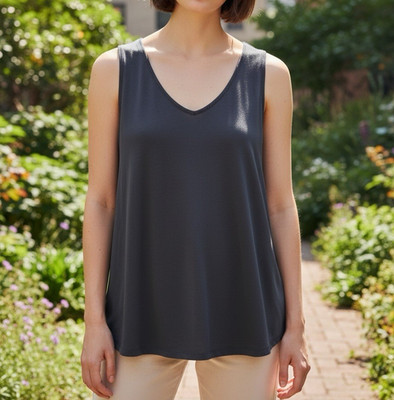 Women s 1X Loralette Black Rayon Knit V-Neck Pleated Wide Strap Tank Top