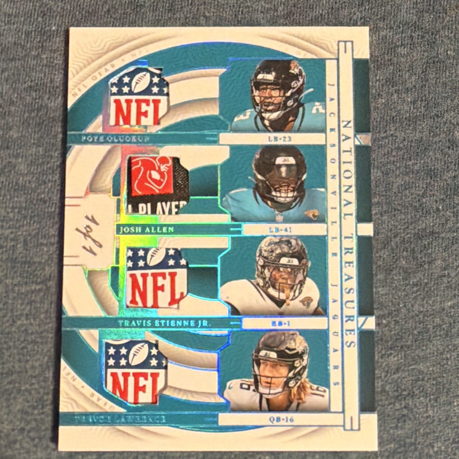 2023 Panini National Treasures Quad NFL Shield Lawrence/Etienne/Allen/Olad 1/1 view 6