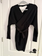 Windsor Black Knit Sweater Dress Tie Waist Belted V-Neck Long Sleeve Size M