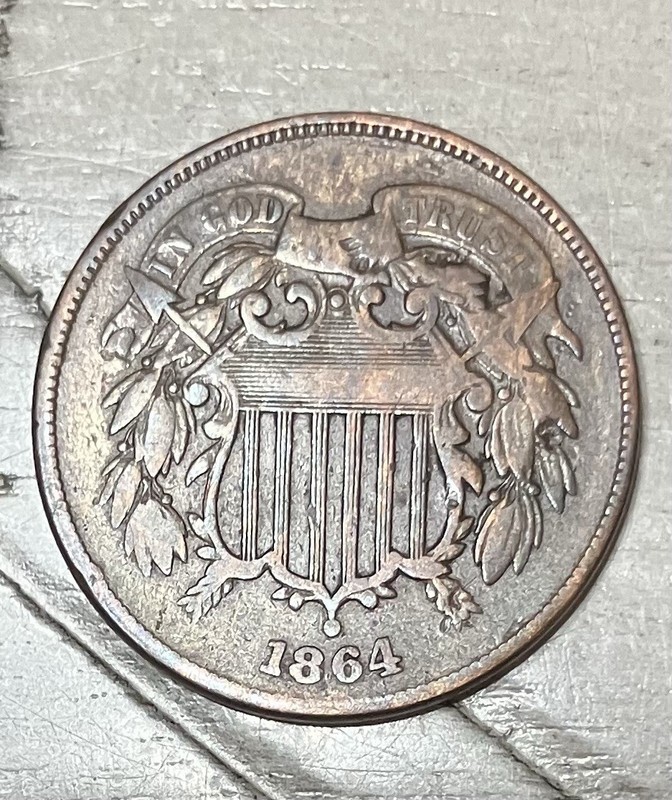 1864 US 2C Two Cent Piece Bronze BN Philadelphia error in ribbon