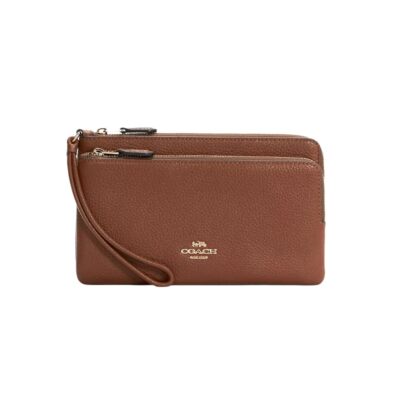 Coach Double Zip Wallet Pebbled Leather Wristlet Redwood