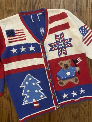 Vintage Patriotic USA Americana Ugly Christmas Sweater XXL Red White Blue 