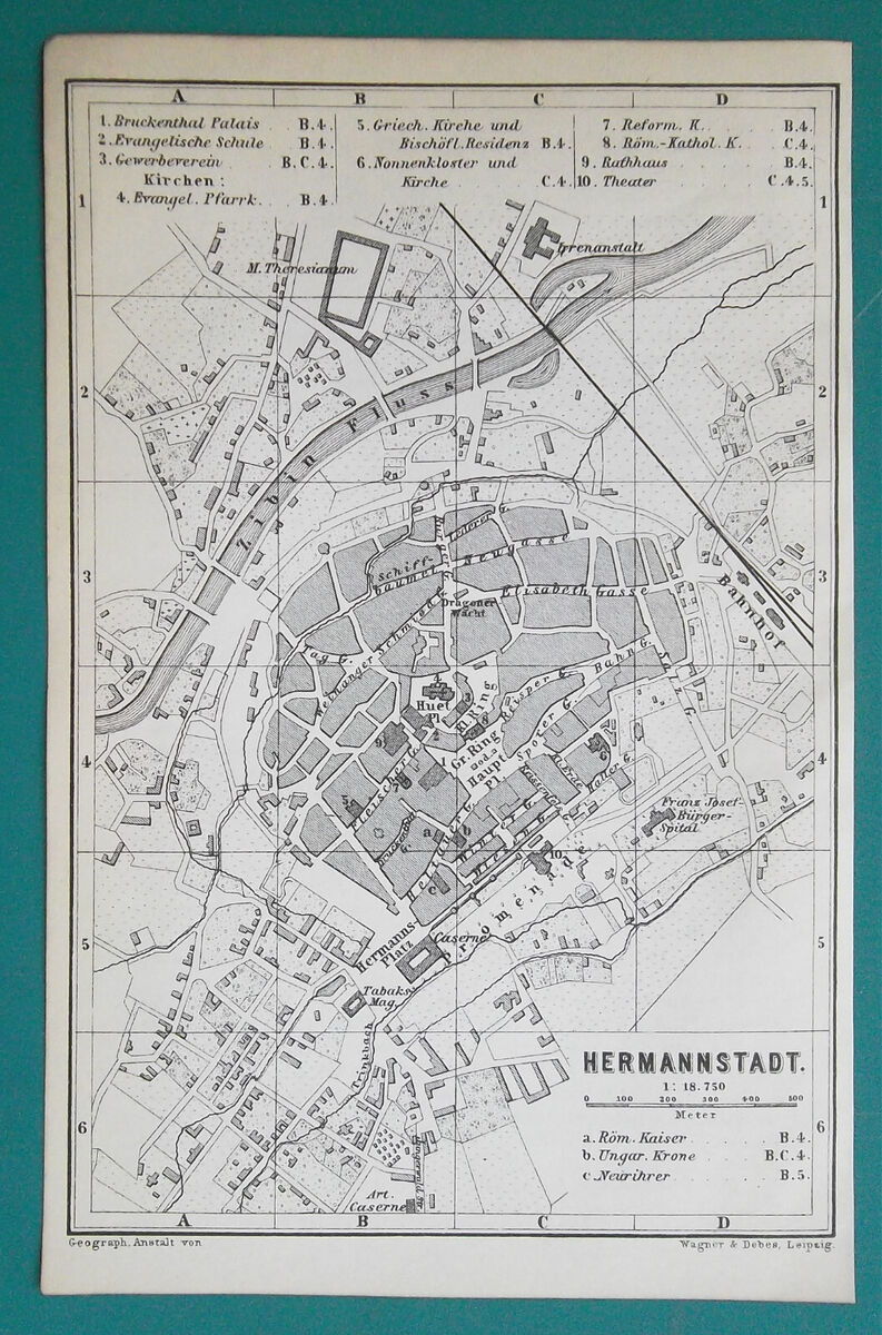 ROMANIA Sibiu Hermannstadt City Plan -1880 Map 4 x 6 (10 x 15 cm) Baedeker