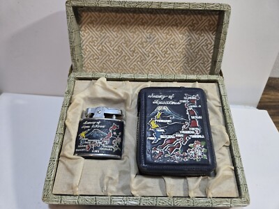 Vintage Leather Cigarette Case & Lighter Memory of Japan & Korea Map Orig.  Case