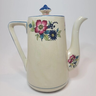 Vtg Coffee/Chocolate Pot Art Deco Style Flowers Stripes Woodland Palissy England