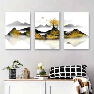3pcs Mountain River & Tree Abstract Metal Print  Ready to Hang Art