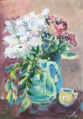 White Red flowers Painting Watercolor Original Still life Artwork Floral Art