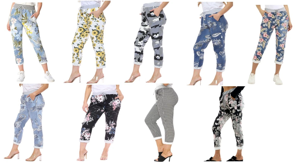 Ladies Summer Jogger Beach Floral Print Pants Turn Up Cotton