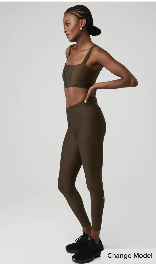 Alo Yoga Leggings Brown Airlift High Waist 7/8 Corset Pant & Bra Set Outfit S/M