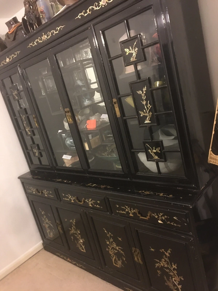 Antique Chinese Cabinet Cupboard Oriental Black Lacquered Painted