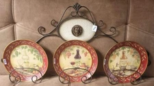 Wrought Iron Plate Rack with 3 French Wine Motif Plates