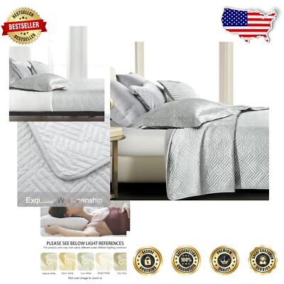Soft King Satin Quilt Set - 3-Piece Silver Geometric Bedspread for All Seasons