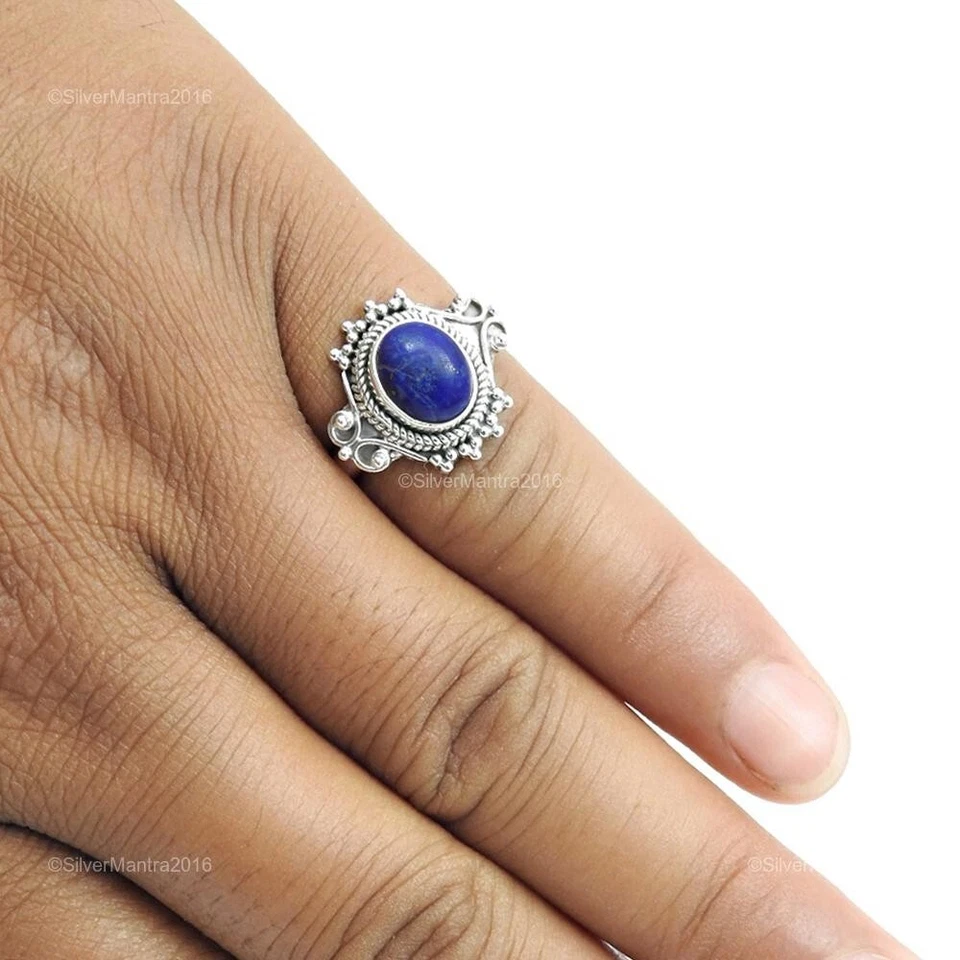 Anello Cocktail In Lapis Lazuli Con Bezel Regalo Di Natale In Argento 925 Us 8 - Immagine 4 di 4